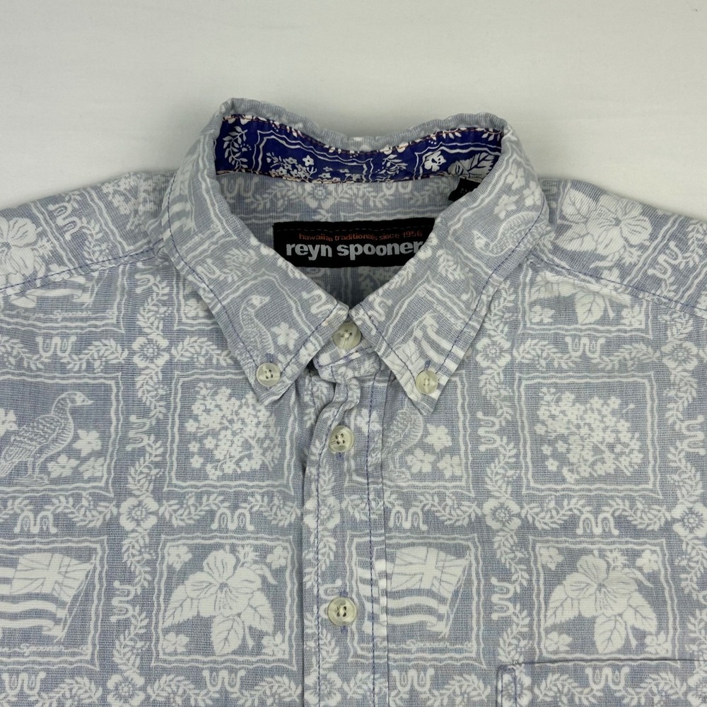 Reyn‎ Spooner Mens Sm Blue Hawaiian Block Print Cotton Lyocell Button Down Shirt